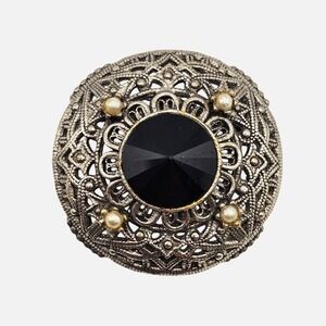 Vtg Tacoa Black‎ Rivoli Filigree Brooch Silver Tone Victorian Revival Gothic Pin